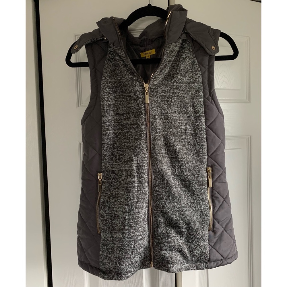 Gray zip-up vest with removable hood